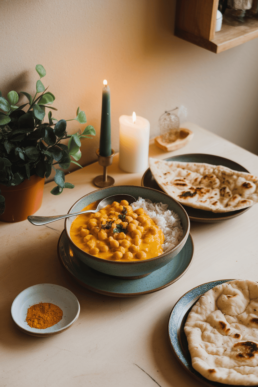 Indoor dinner table scene with a bowl of creamy yellow coconut chickpea curry over white rice, steam visible. Photo only, logo-free utensils.