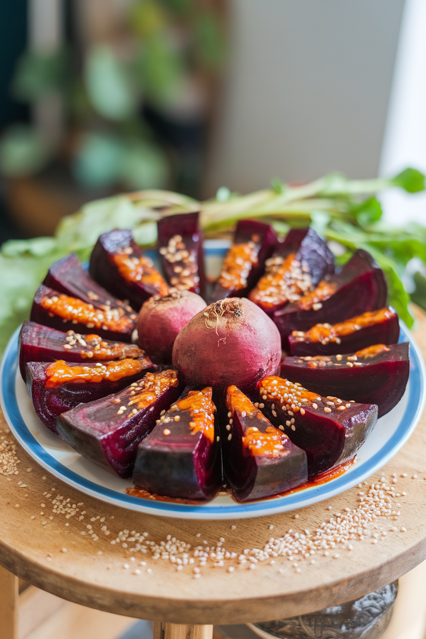 Photo of an indoor plate with wedge-cut roasted beets glazed in orange-ginger sauce; no text or logos