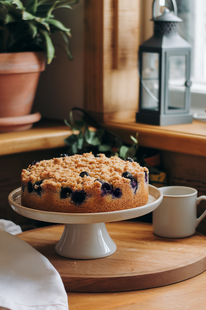 Indoor breakfast nook scene featuring a sliced blueberry coffee cake with crumbly streusel top on a ceramic cake stand. No text or logos.