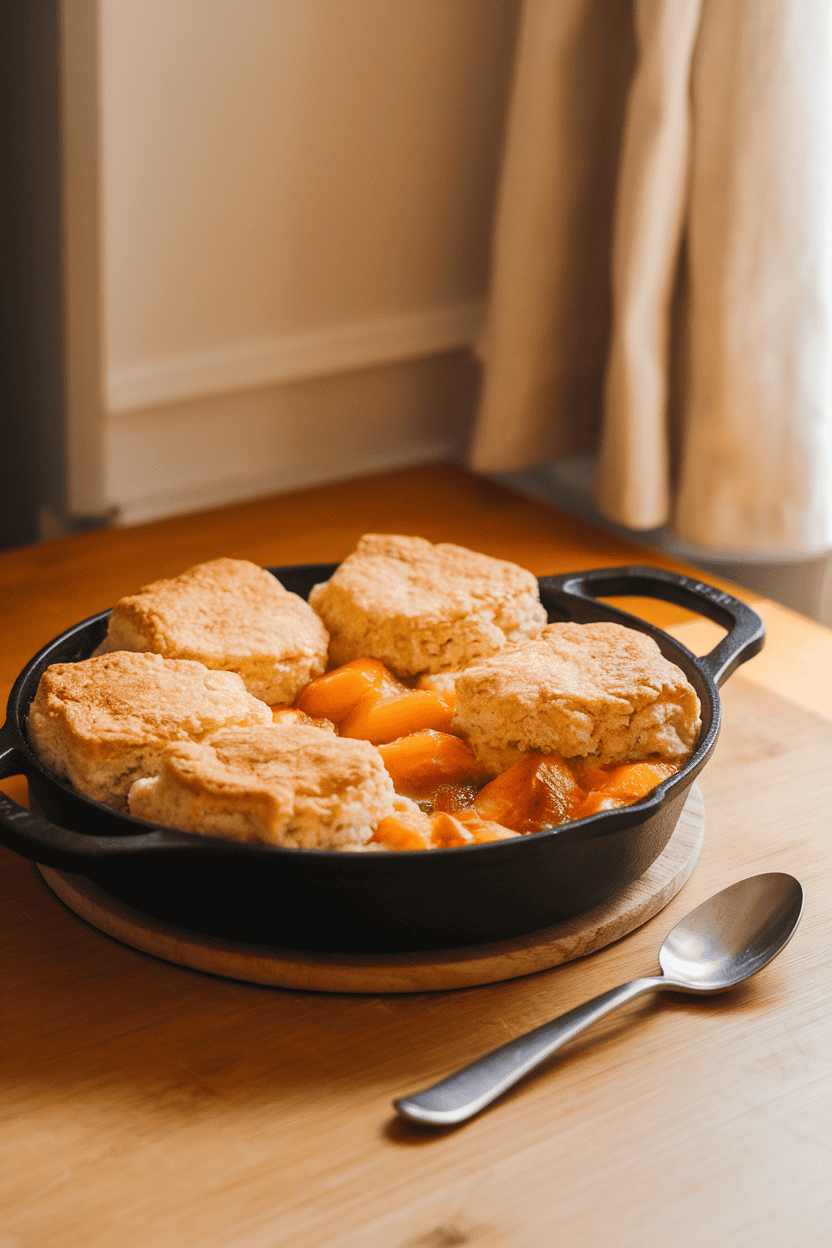 Warm indoor kitchen table showcasing a cast-iron skillet of bubbling peach cobbler with golden biscuit topping, a spoon resting nearby. No text or logos present. Photo, not illustration.