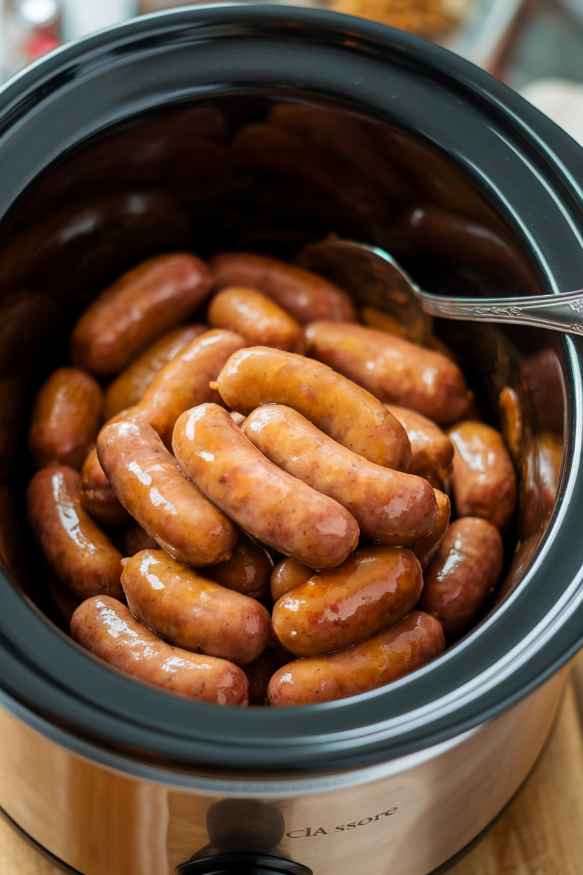 An indoor slow cooker filled with small sausages coated in glossy apple butter glaze, serving spoon tucked in. No text or logos. Photo only.
