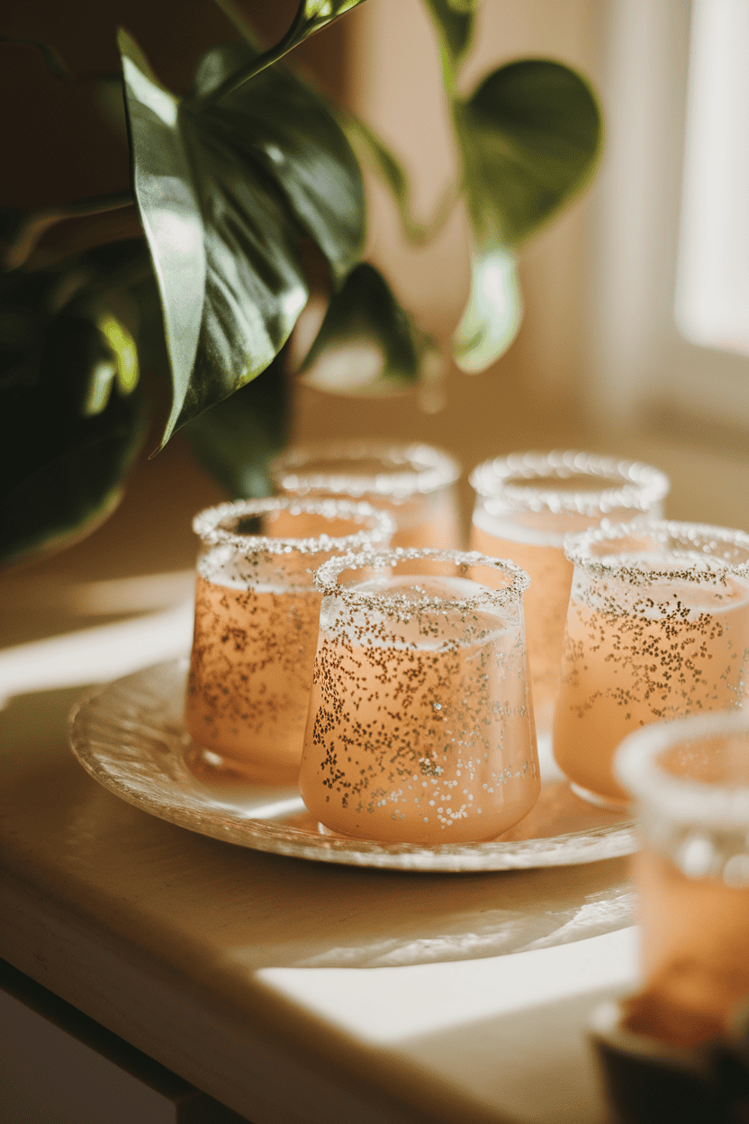 Softly lit indoor countertop with milky almond jello shots flecked with silver shimmer dust, no text or logos