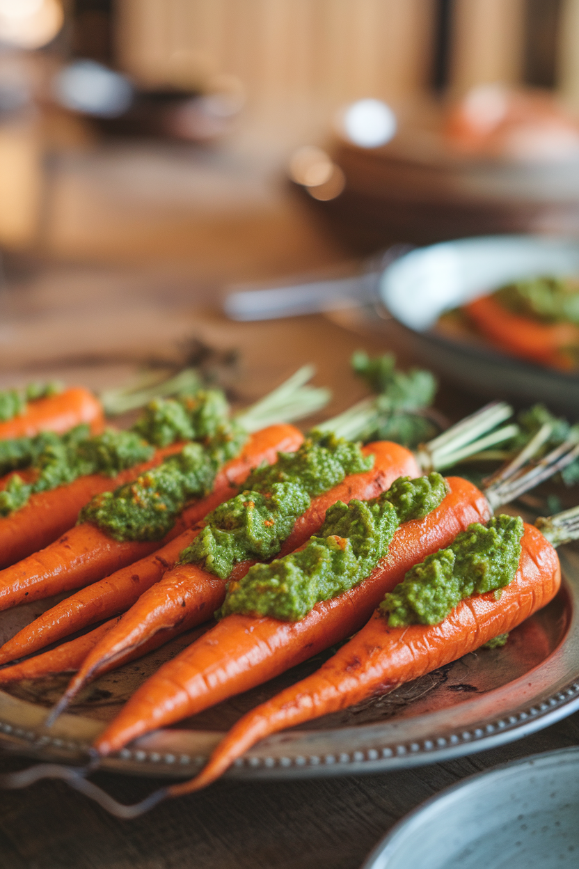 Roasted whole carrots topped with vibrant green carrot-top pesto, displayed indoors on a rustic platter; no text or logos. Photo only.