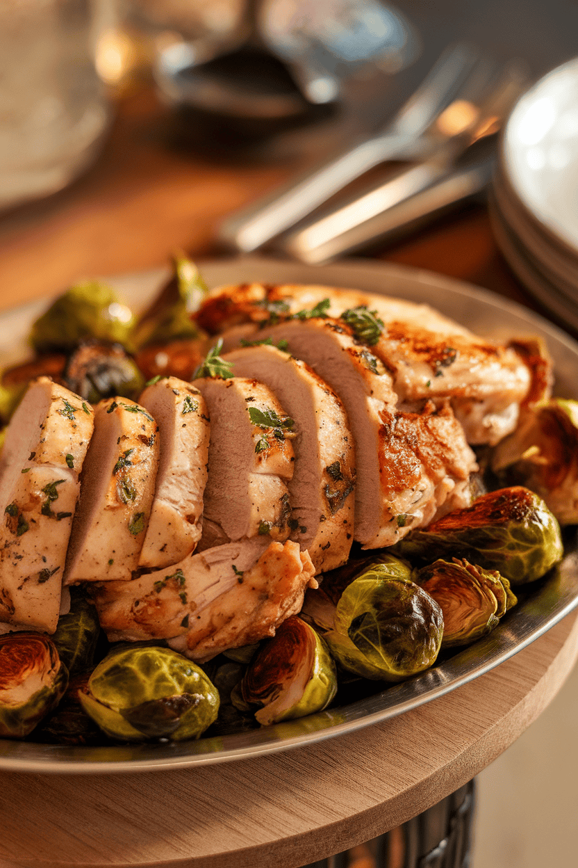 An indoor serving platter holding slices of grilled chicken thigh with visible herb flecks, accompanied by caramelized Brussels sprouts. Warm lighting, no text or logos. Photo, not illustration.