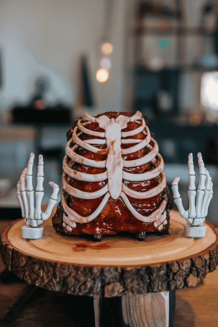 Indoor serving board holding a rack of glazed pork ribs arranged like a ribcage, tiny plastic skeleton hands tucked on either side. Photograph; no text or logos.
