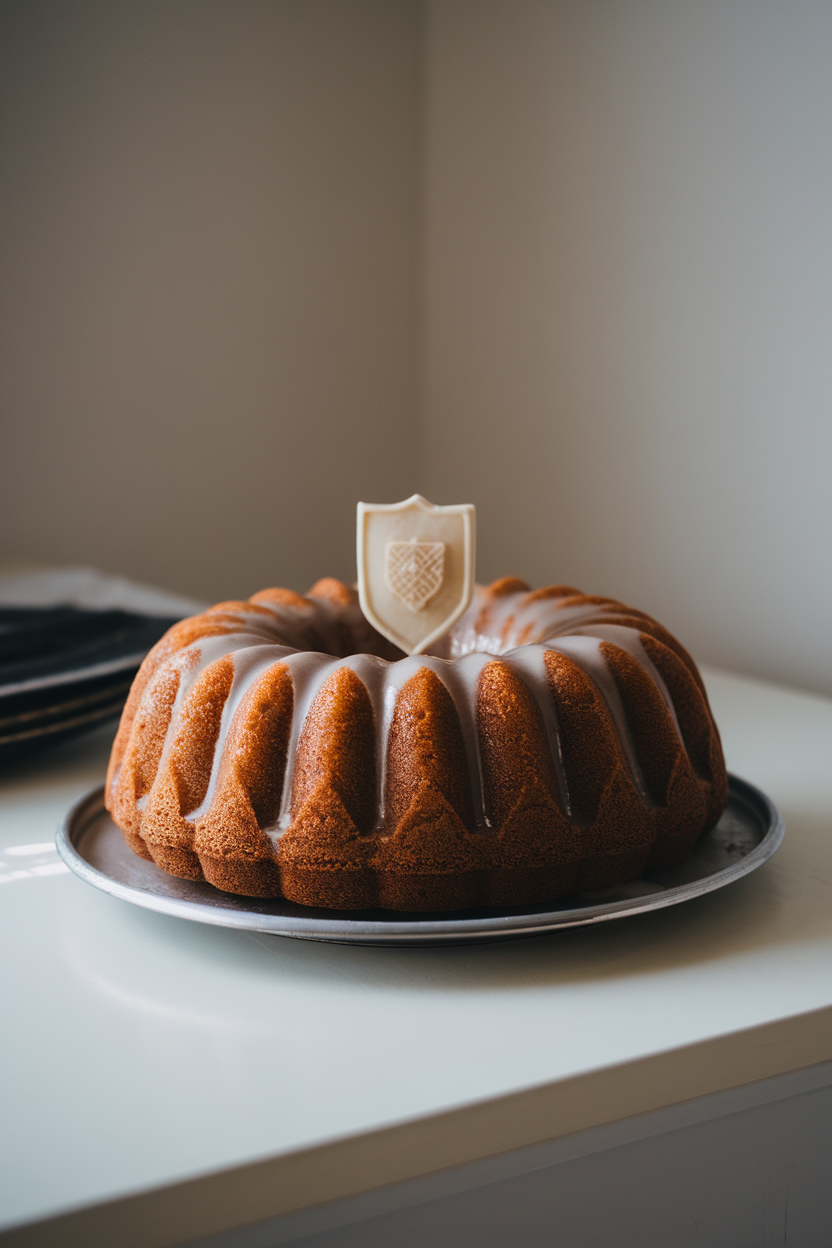 A bundt sherry cake indoors, glistening with buttery glaze and topped with a small sugar-paste shield emblem, photographed on a simple cake plate. Photo only, no text or logos.