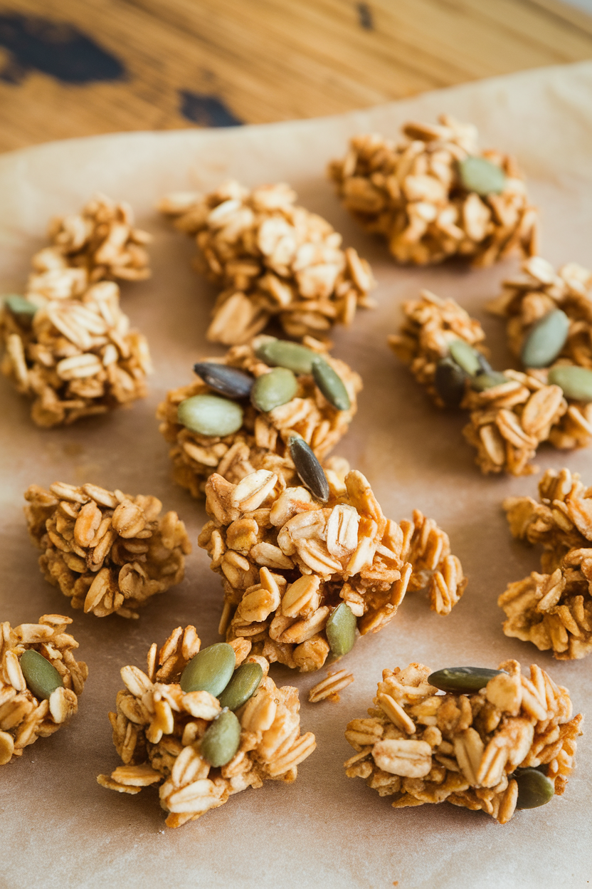 Indoor shot of golden granola clusters spread on parchment, sunflower and pumpkin seeds visible. No text or logos.