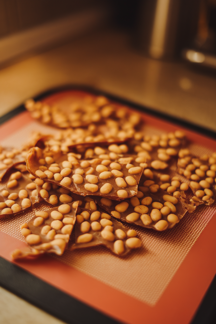 Close-up indoor photo of amber peanut brittle broken into shards on a silicone mat, warm countertop lighting. No text or logos.
