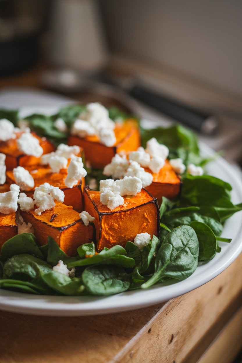 Indoor photo of roasted pumpkin cubes nestled among baby spinach leaves with feta crumbles on a white platter; soft ambient light, no text or logos.