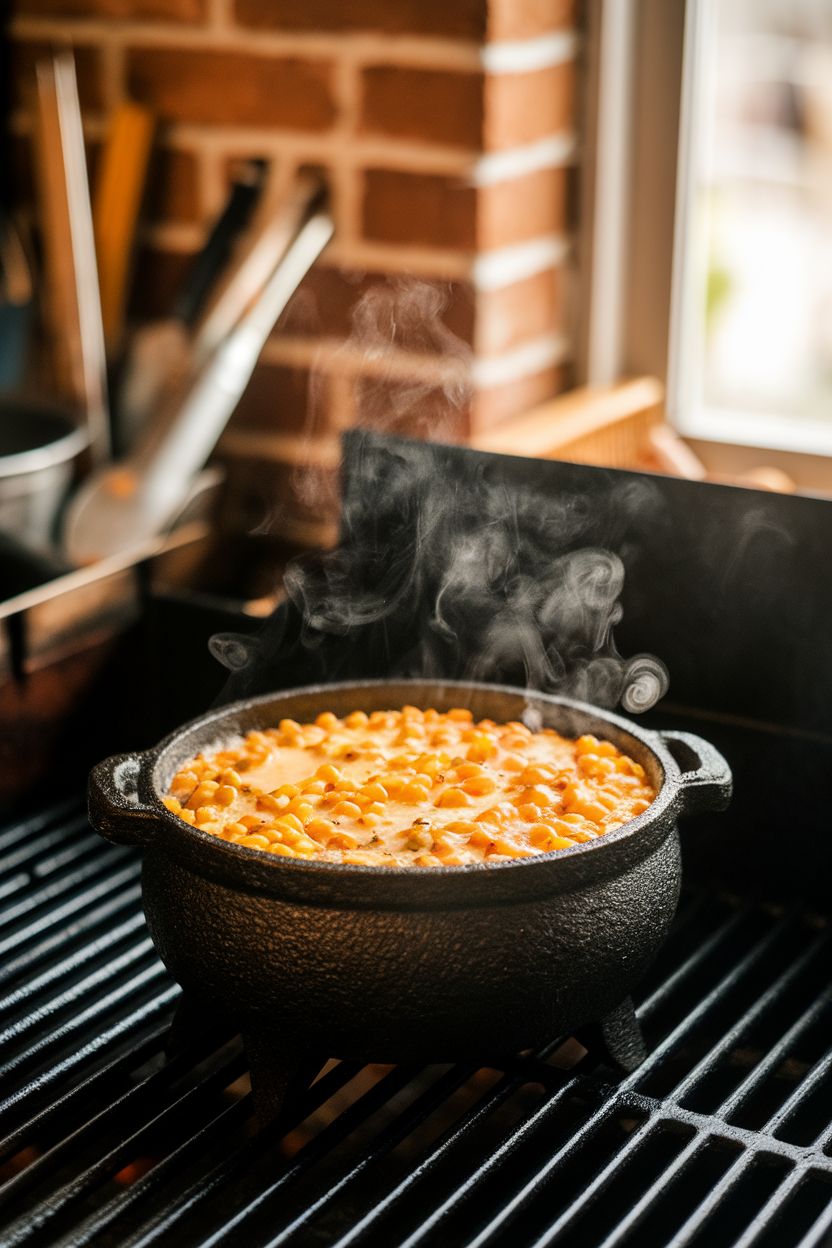 An indoor grill-top scene with a small cast-iron “cauldron” of bubbling corn-studded queso, steam visible. Photo, no text or logos.
