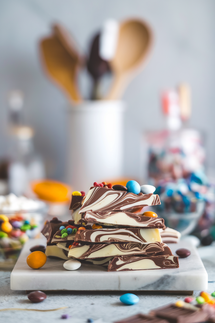 Indoor marble slab scattered with swirled milk and white chocolate bark topped with assorted leftover candy pieces. Photo, no text or logos.