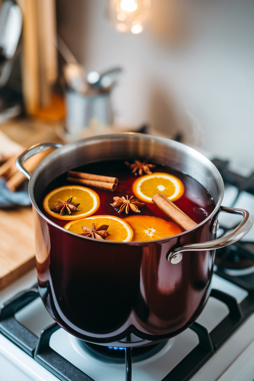 Indoor stovetop pot of deep-red mulled wine with orange slices, star anise, and cinnamon sticks floating, steam rising. No text or logos.