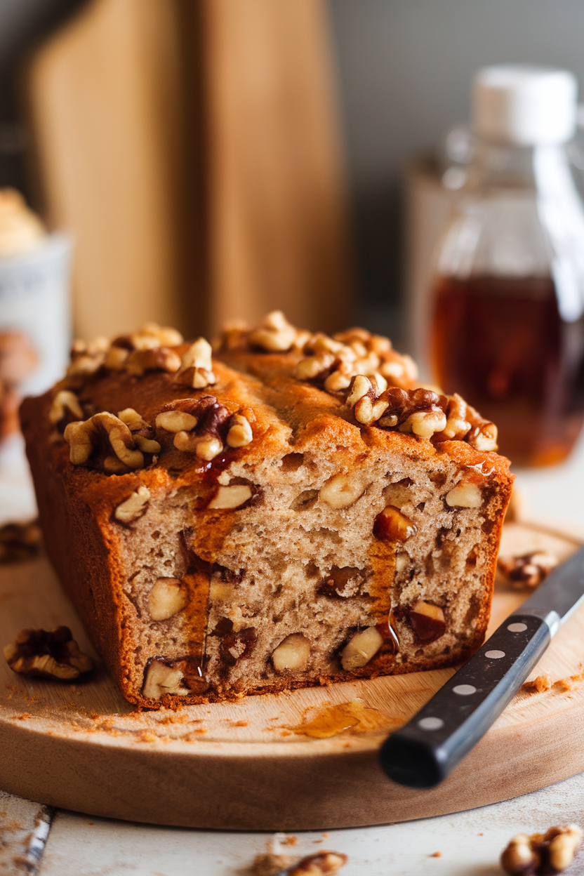 Indoor breadboard holding sliced maple walnut sweet bread, knife resting nearby, crumbs scattered naturally. No text or logos.