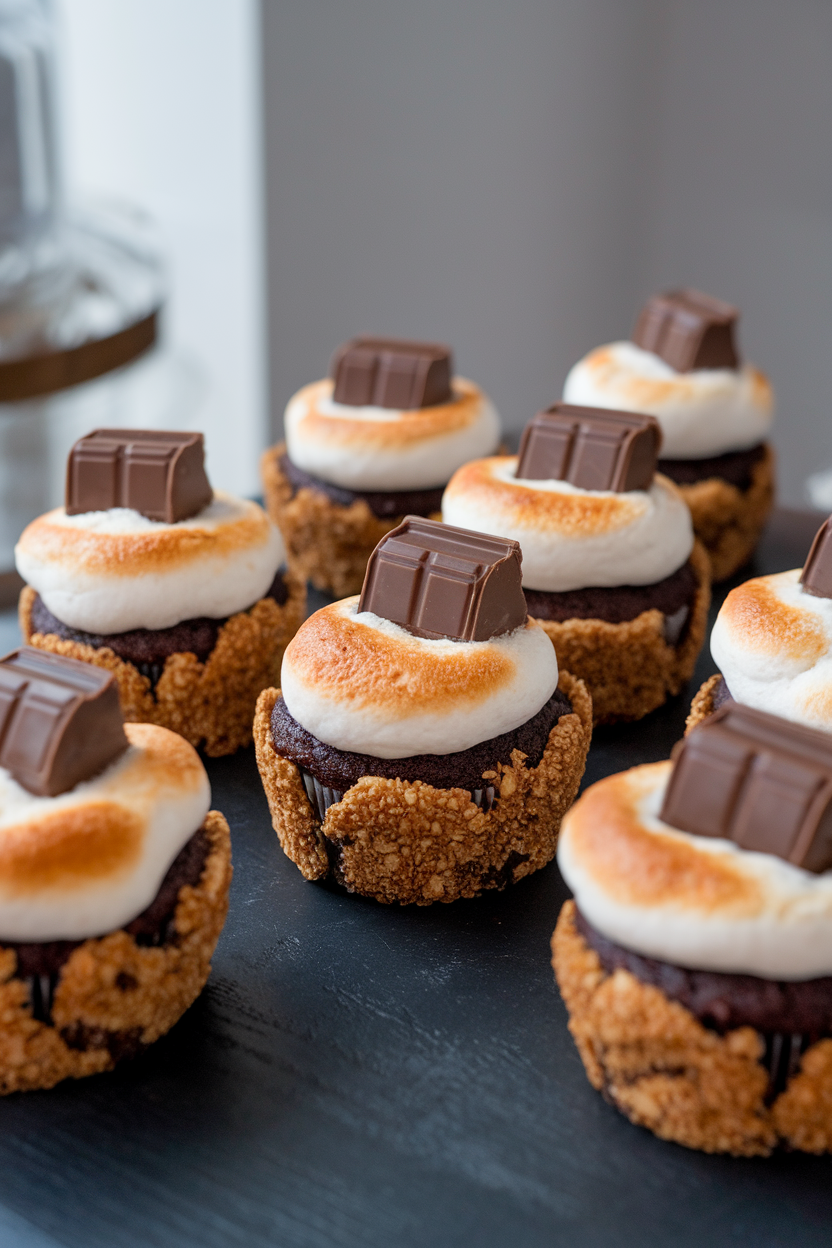 An indoor table with graham-crusted chocolate cupcakes topped by toasted marshmallow frosting and mini chocolate squares, no text or logos.