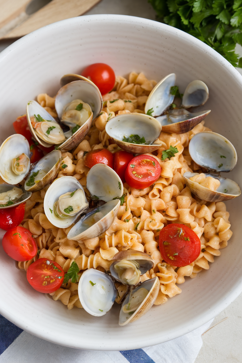 An indoor shallow bowl of toasted fregola pasta studded with cooked clams and cherry tomatoes, garnished with parsley. No text or logos; photography only.