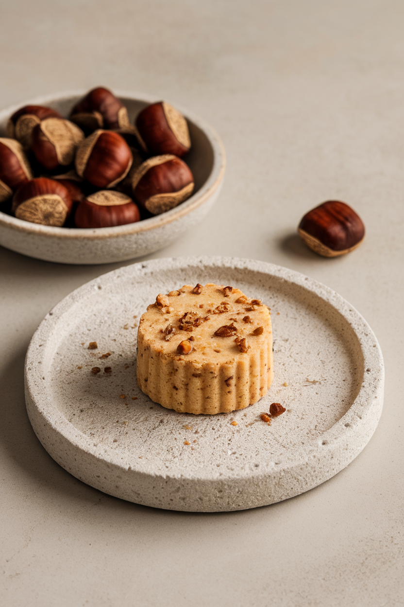 Indoor stone plate with small round shortbread flecked with chestnut bits, chestnuts in a bowl behind. No text or logos. Photo only.