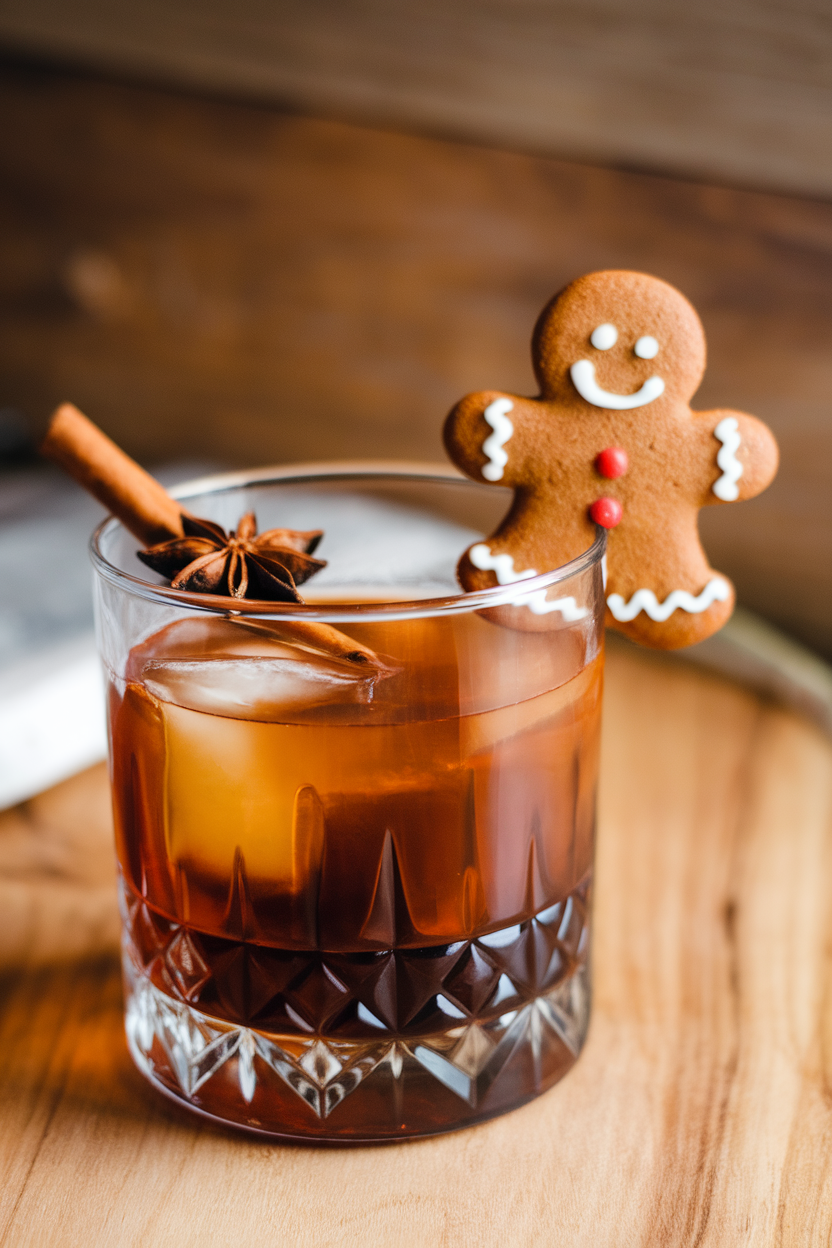 Photo of an indoor rocks glass, dark gingerbread rum old fashioned, mini gingerbread cookie hooked on the rim, no text or logos.