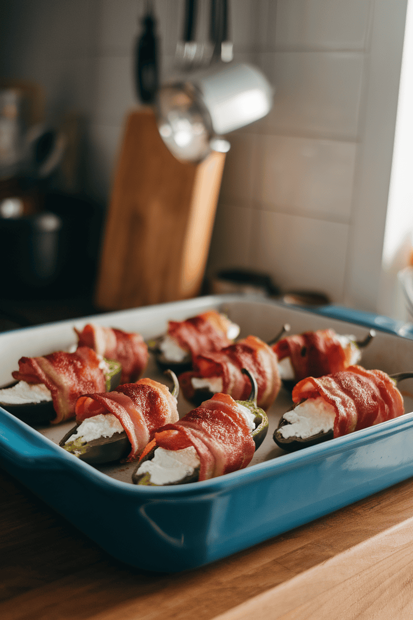 An indoor countertop scene with a baking dish of golden jalapeño poppers stuffed with cream cheese and wrapped in bacon, ready to serve. No text or logos; photo.