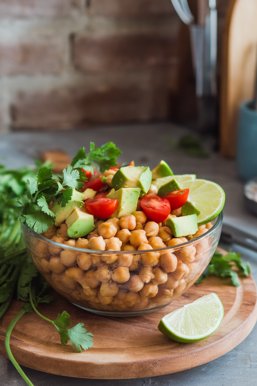 A shallow indoor bowl filled with chickpeas, diced avocado, cherry tomatoes, and lime wedges, shot three-quarter overhead. No text or logos present.