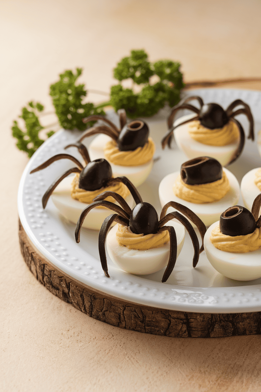 Indoor photo of a white platter holding deviled eggs topped with black-olive “spiders” (halved olive bodies, sliced-olive legs). Even overhead lighting, no text or logos.