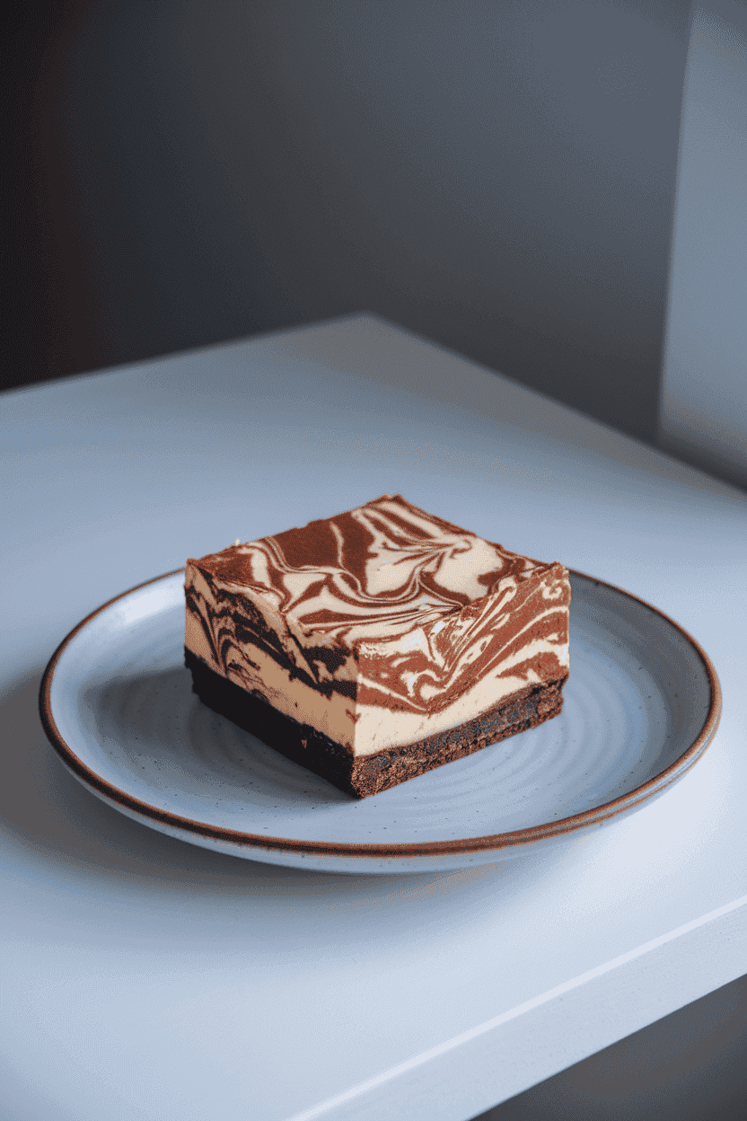 Indoor plate featuring a square bar with visible layers of fudgy brownie and swirled cheesecake. No text or logos present. Photo.
