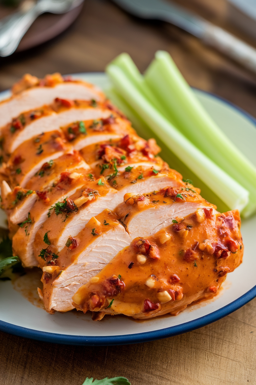 Indoor plate of sliced buffalo ranch chicken breast, drizzle of spicy sauce and ranch dressing, celery sticks on the side. No logos. Photo.