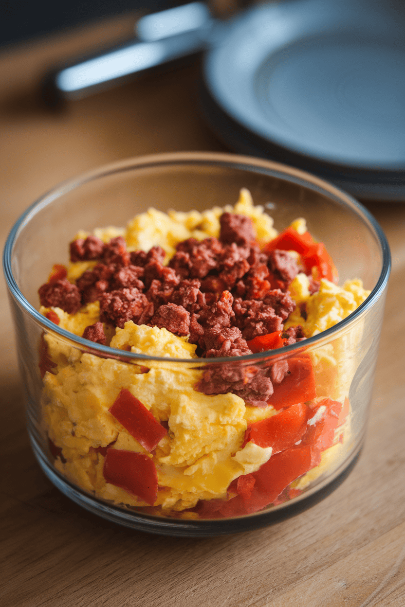 Indoor photo of scrambled eggs, sausage crumbles, and peppers mixed together in a glass storage bowl. No text or logos.