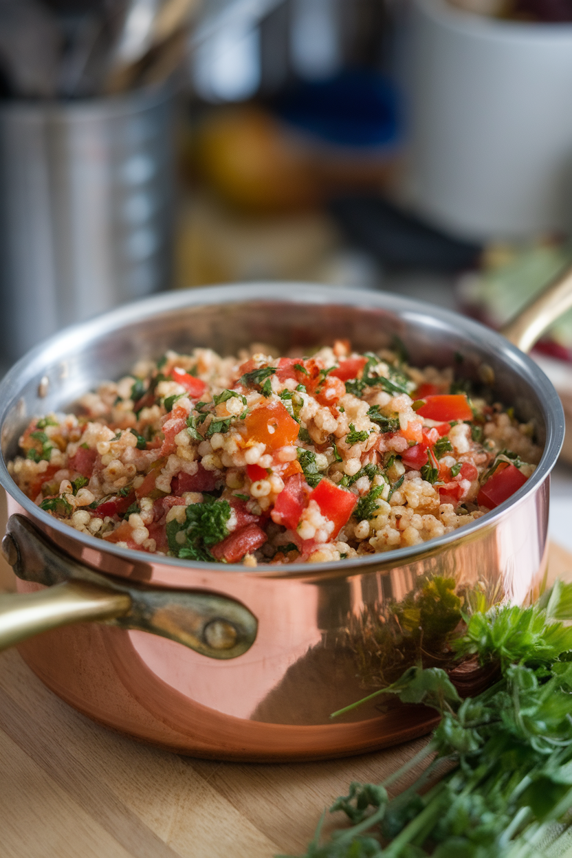 A copper saucepan indoors filled with cooked bulgur mixed with diced tomatoes, peppers, and herbs. No logos or text.