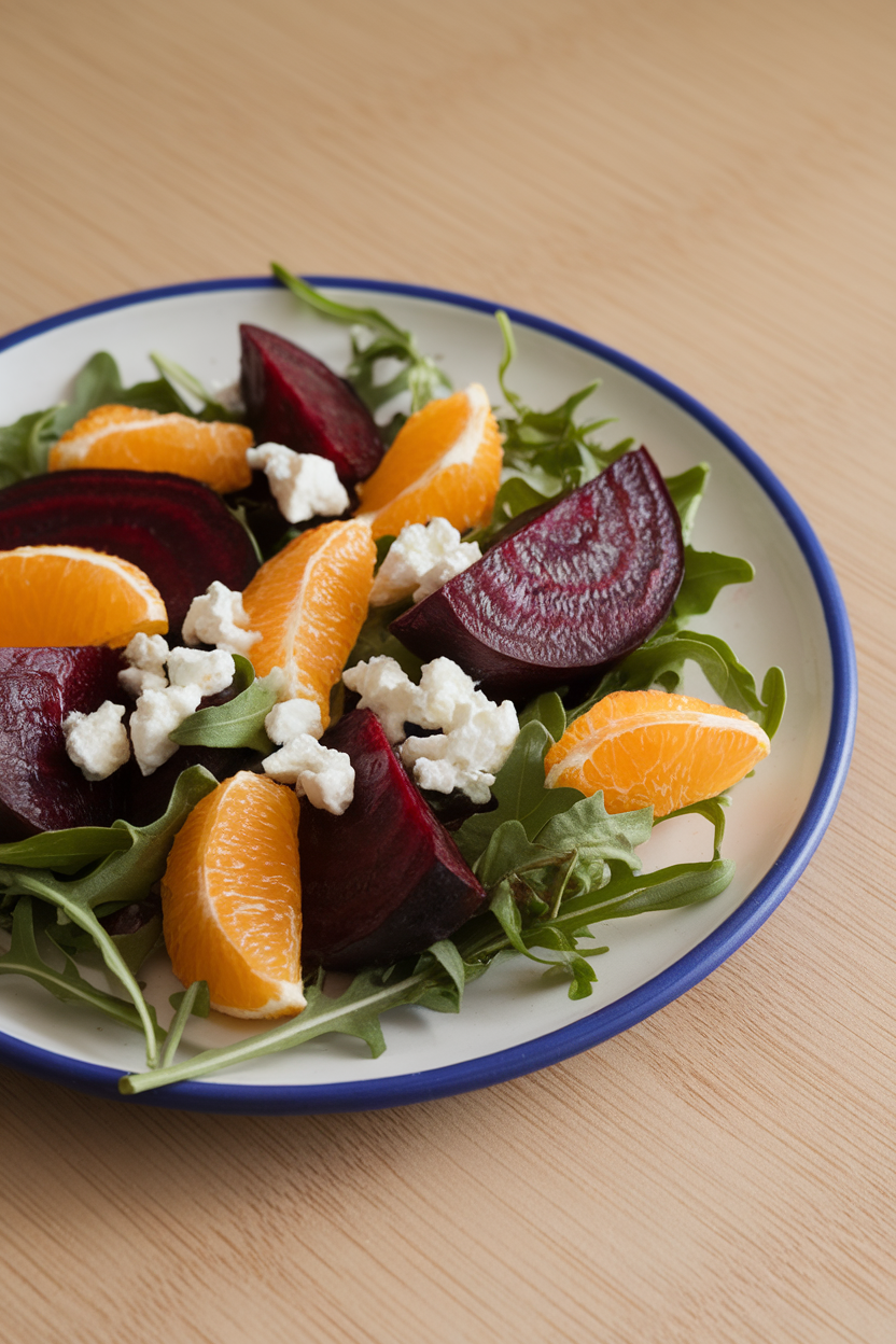 Indoor photo of a salad plate holding roasted beet wedges, orange segments, arugula leaves, and crumbled goat cheese. Bright kitchen lighting, no text or logos.