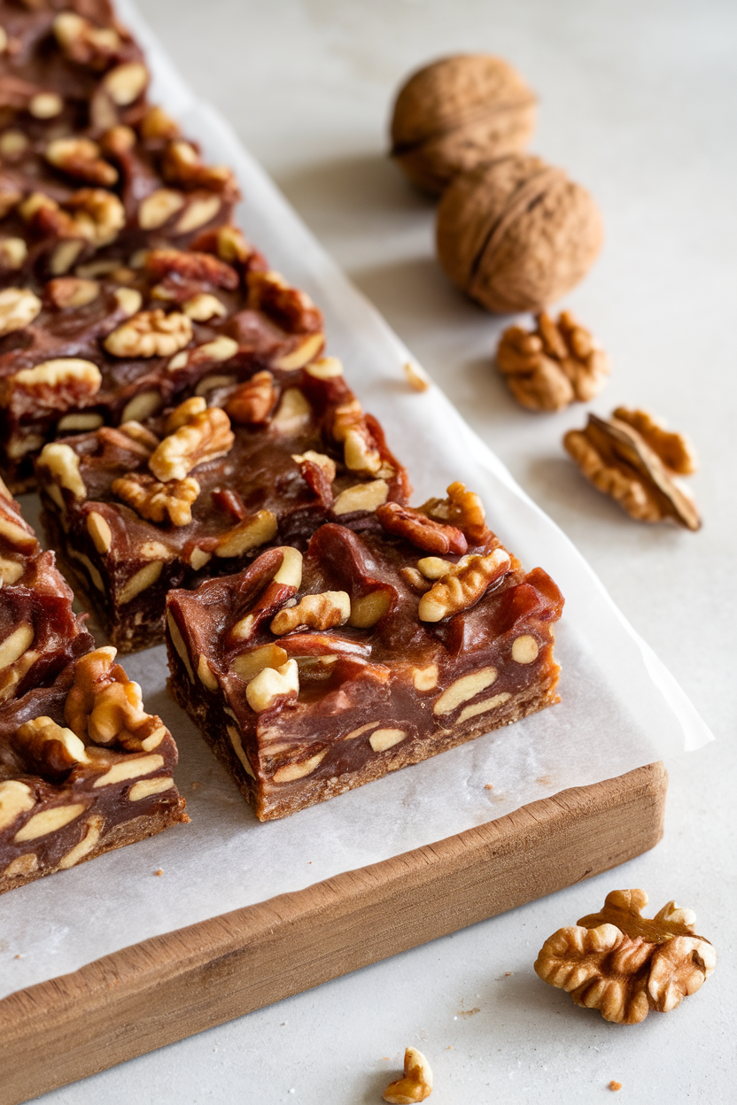 An indoor cutting board featuring rectangular date-nut bars, a few loose walnuts scattered nearby. Photo only, no text or logos.