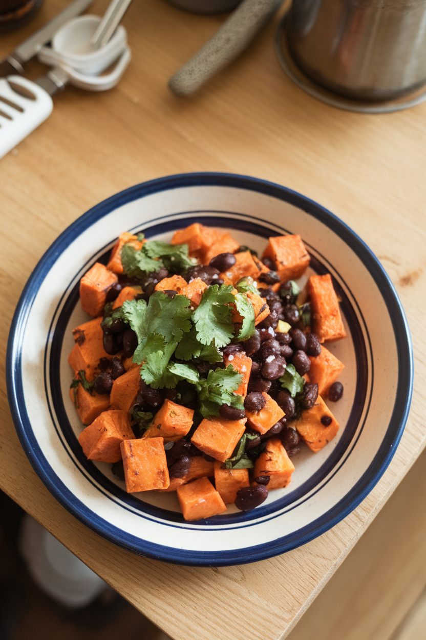 A ceramic plate on an indoor breakfast table holding cubed roasted sweet potatoes tossed with black beans and cilantro, shot three-quarter overhead. No text or logos included.