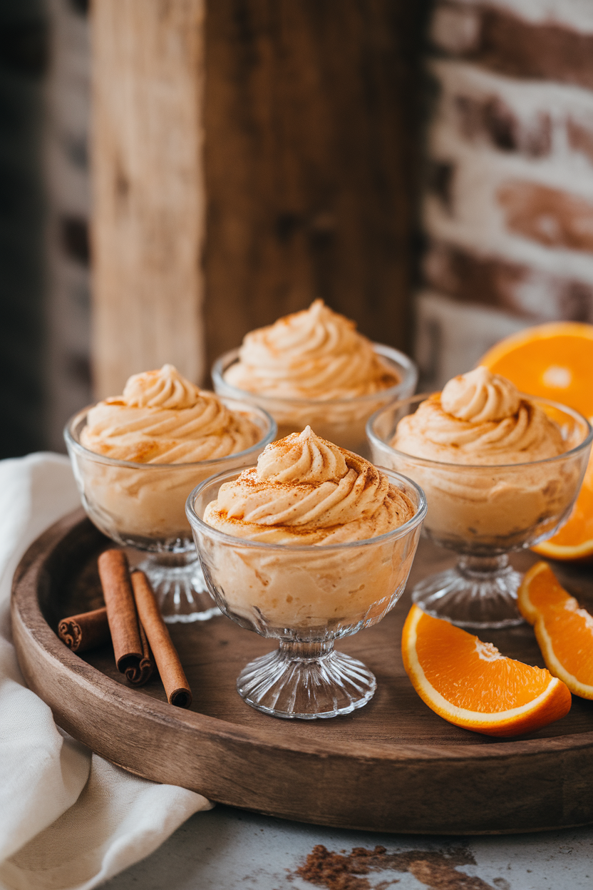 Small glass bowls of creamy orange cheesecake dip swirled with cinnamon, indoor setting. Photo, no text or logos.