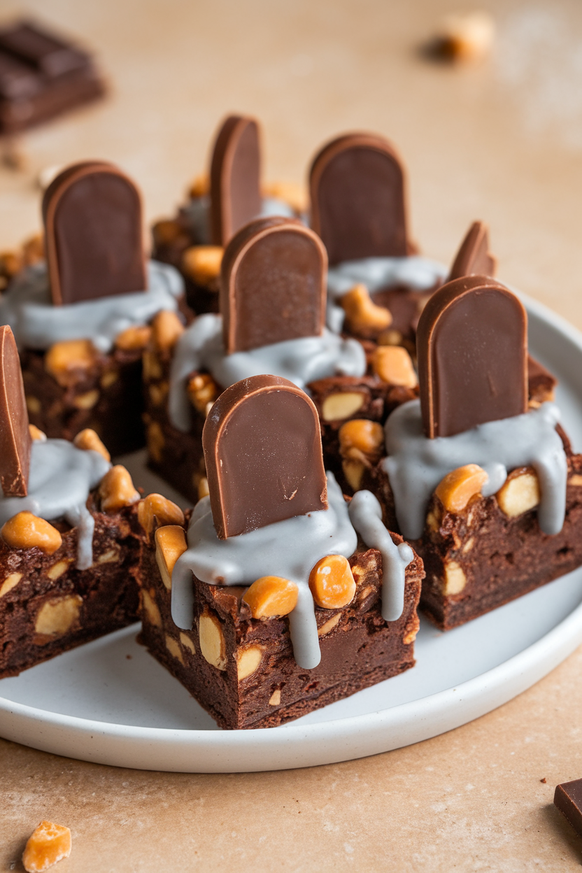 Indoor image of brownies studded with toffee bits, topped with grey salted caramel icing and mini chocolate tombstones; no text or logos