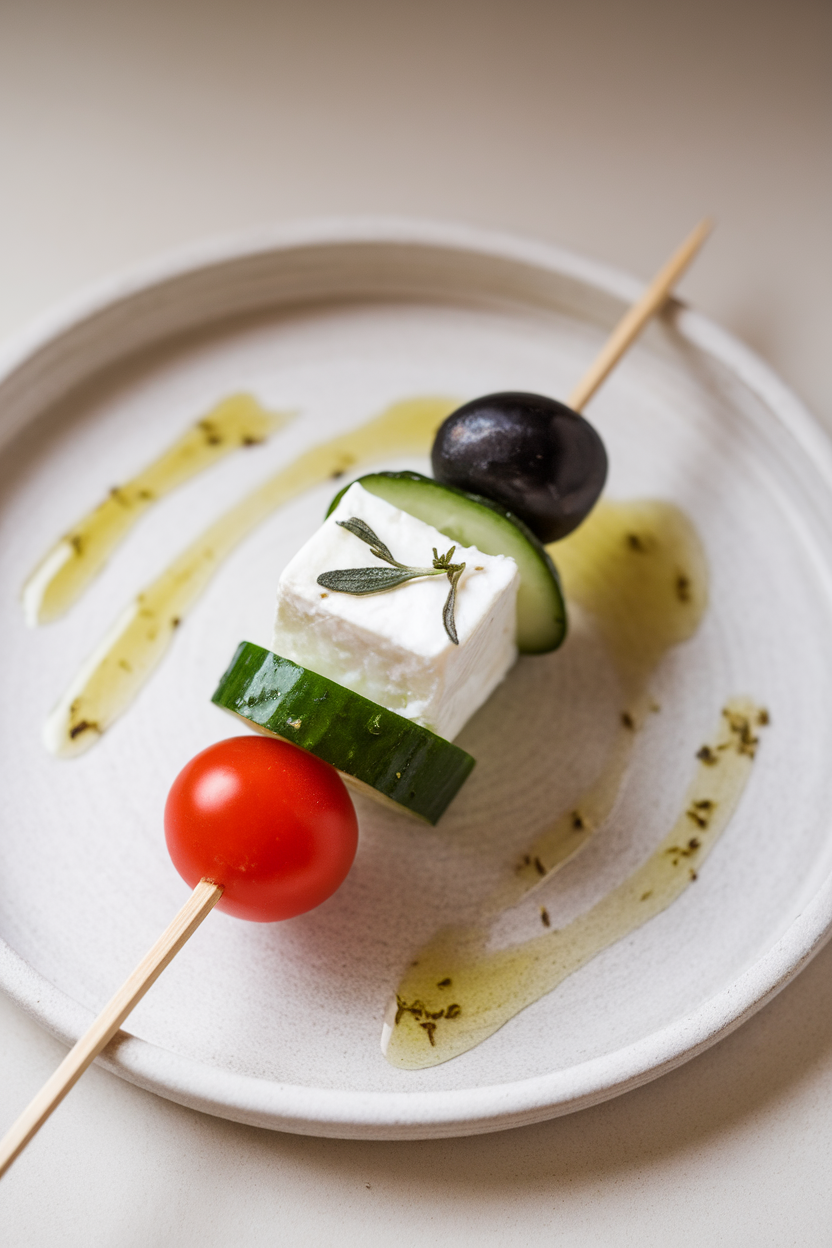 Photo of skewers with black olive, feta cube, cucumber slice, and cherry tomato, drizzle of oregano oil, indoor platter. No text or logos.