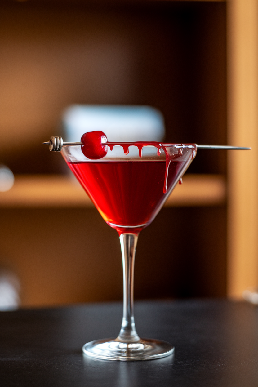 Indoor cocktail bar with a martini glass of bright crimson liquid, rim dripping artfully with grenadine “blood.” A single skewered cherry rests across the rim. No logos or text present. Photo, not illustration.