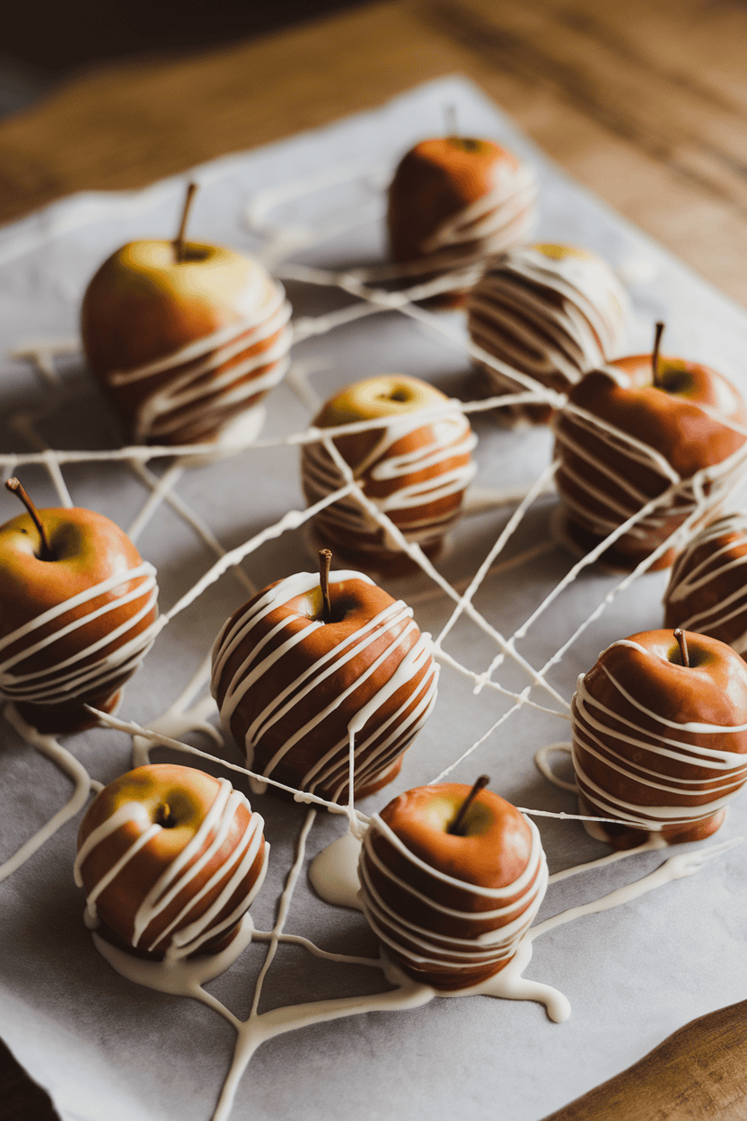 Indoor photo of caramel-dipped apples drizzled with thin lines of white chocolate forming webs, displayed on parchment. No text or logos.