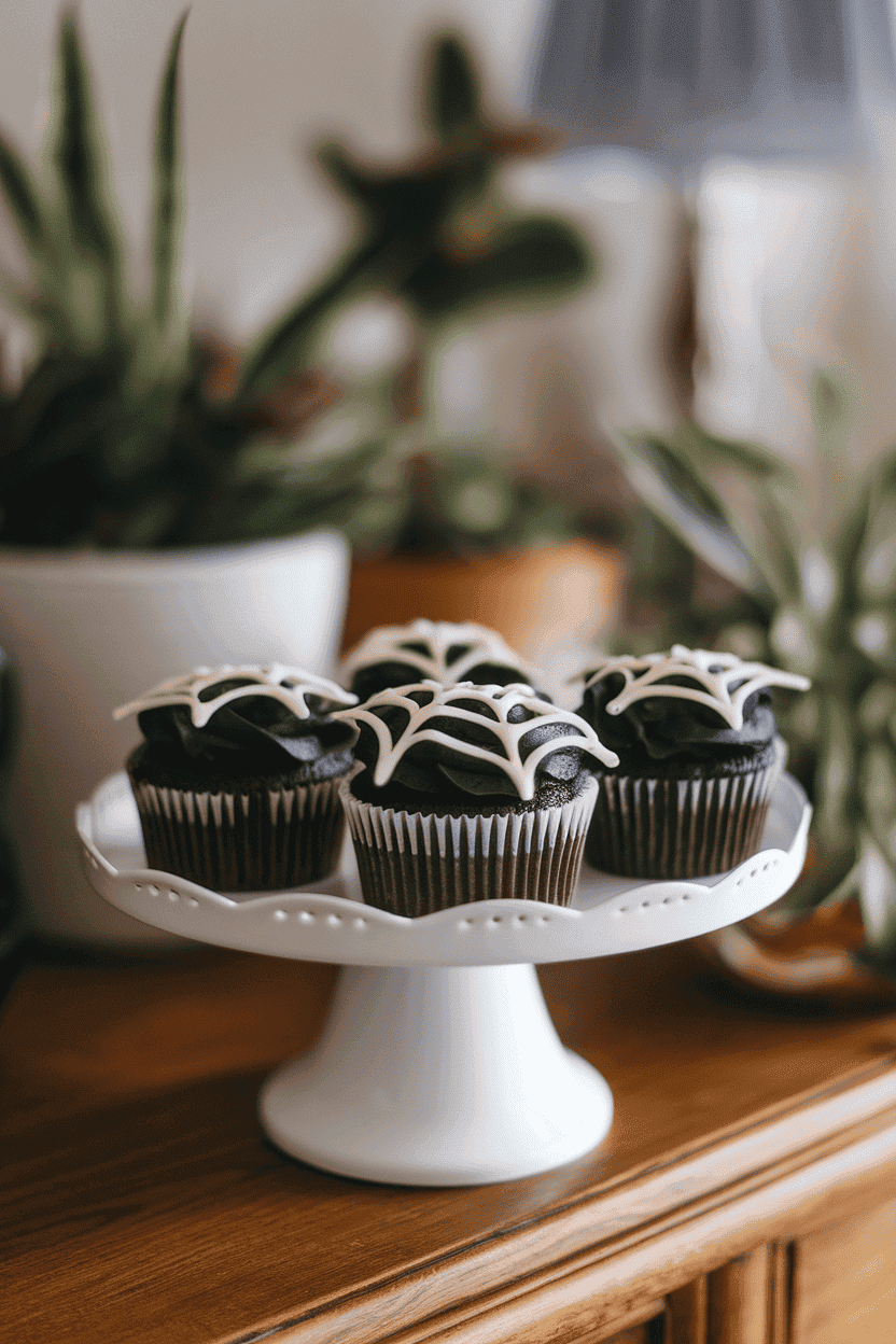 Indoor cupcake stand of chocolate cupcakes with white chocolate cobwebs stretched across black frosting. No logos or text.