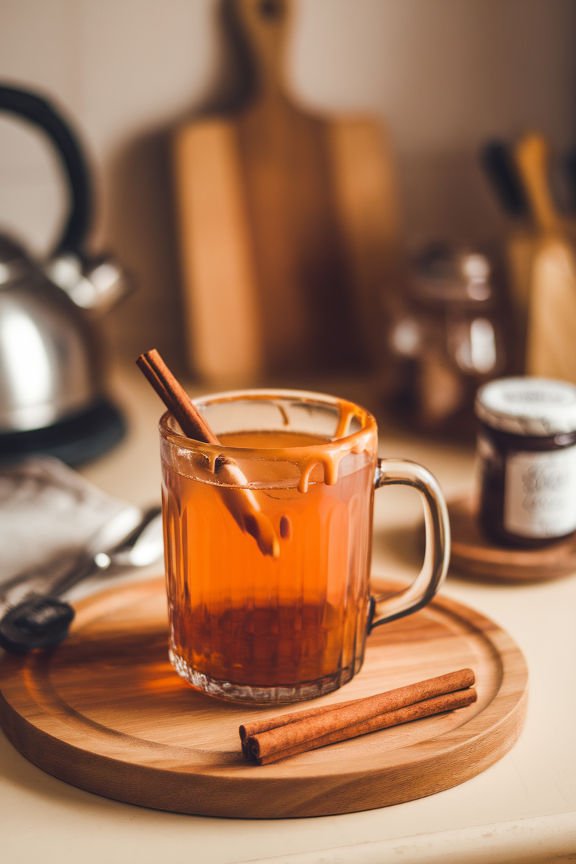Cozy indoor kitchen scene featuring a glass mug of warm amber cider with caramel drizzle inside the rim and a cinnamon stick stirrer. No logos or text anywhere. Photo, not illustration.
