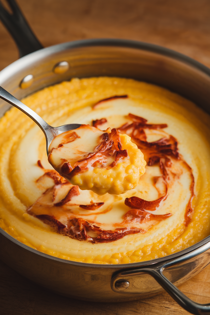 Indoor saucepan with creamy yellow grits swirling around melted smoked Gouda, spoon poised for serving. Photo, no text or logos.