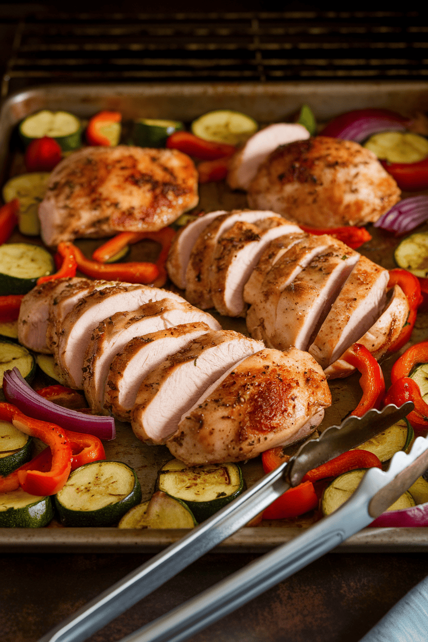A warmly lit oven-fresh sheet pan filled with sliced chicken breast alongside roasted zucchini, bell peppers, and red onions. A pair of tongs rests at the edge. No text or logos in scene. Photo, not illustration.
