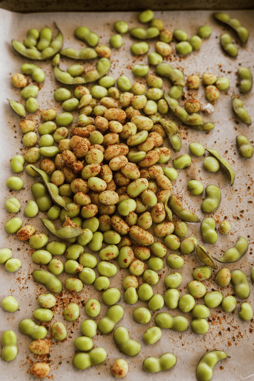 Indoor baking sheet covered in roasted edamame pods dusted with chili flakes, no logos