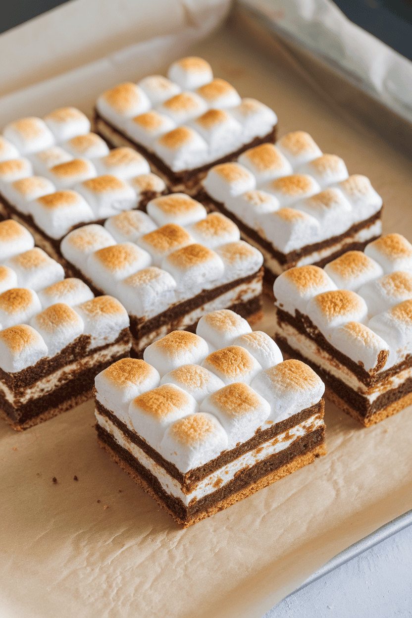 Indoor photo of square brownie bars layered with graham cracker crust and toasted marshmallow top, set on parchment paper, no text or logos
