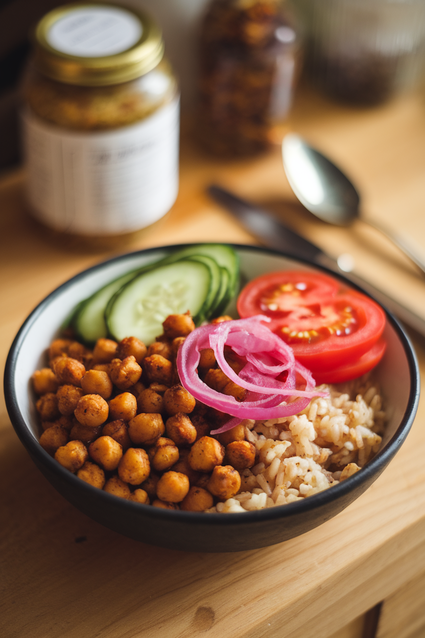 Indoor photo of a bowl holding spiced roasted chickpeas, cucumber, tomato, and pickled onions over brown rice; no text or logos.