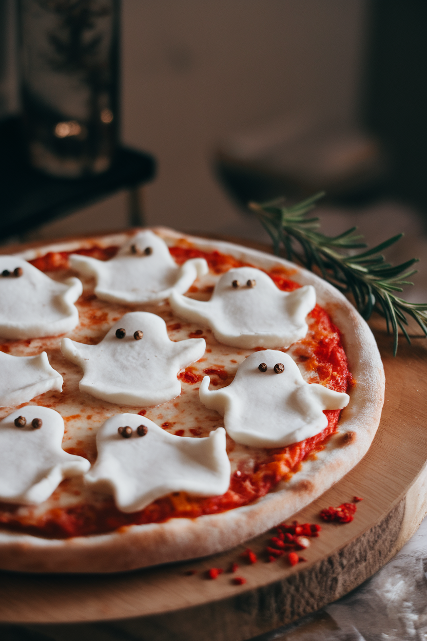 A softly lit indoor scene of a white pizza topped with mozzarella cut into ghost shapes, the ghosts dotted with tiny peppercorn “eyes.” Photo only, no text or logos.