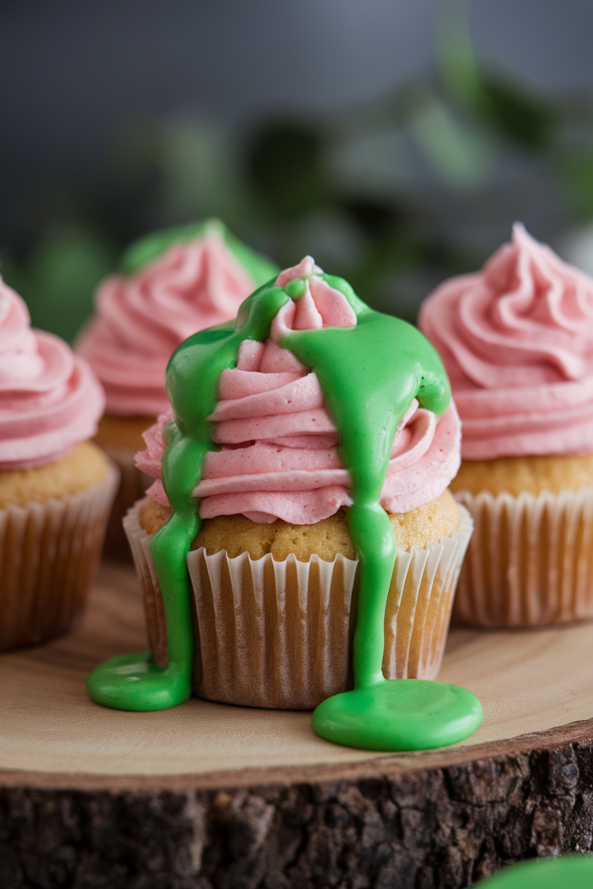 Indoor tabletop photo of vanilla cupcakes with vibrant green slime glaze dripping over pink strawberry frosting, no text or logos.