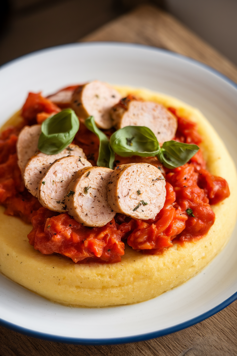Indoor photo of creamy polenta crowned with peperonata and sliced chicken sausage, finished with basil ribbons. No logos or text.