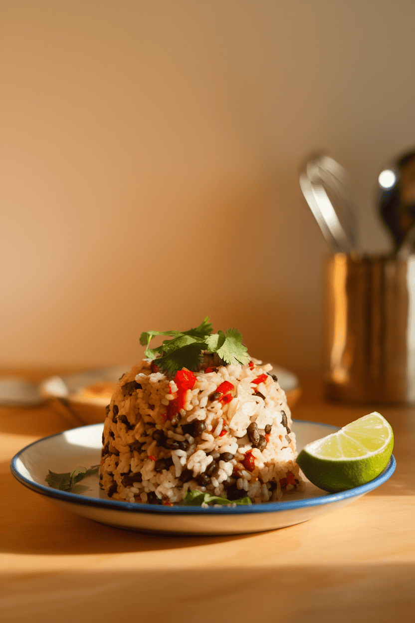 Photo of a warmly lit indoor plate featuring a mound of rice and black beans speckled with red peppers and cilantro, lime wedge on the side, no text or logos.