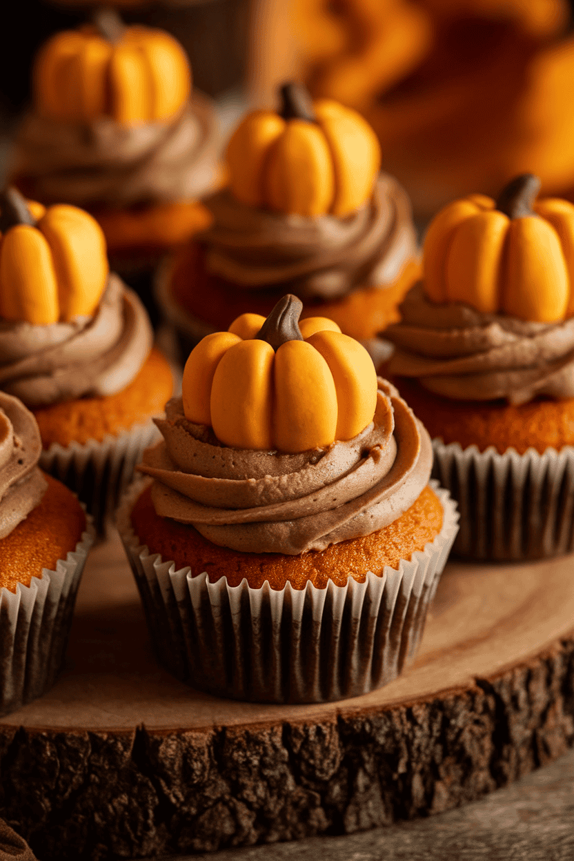 Indoor photo of espresso-infused pumpkin cupcakes topped with tiny fondant pumpkins sitting on mocha frosting “soil”; no text or logos