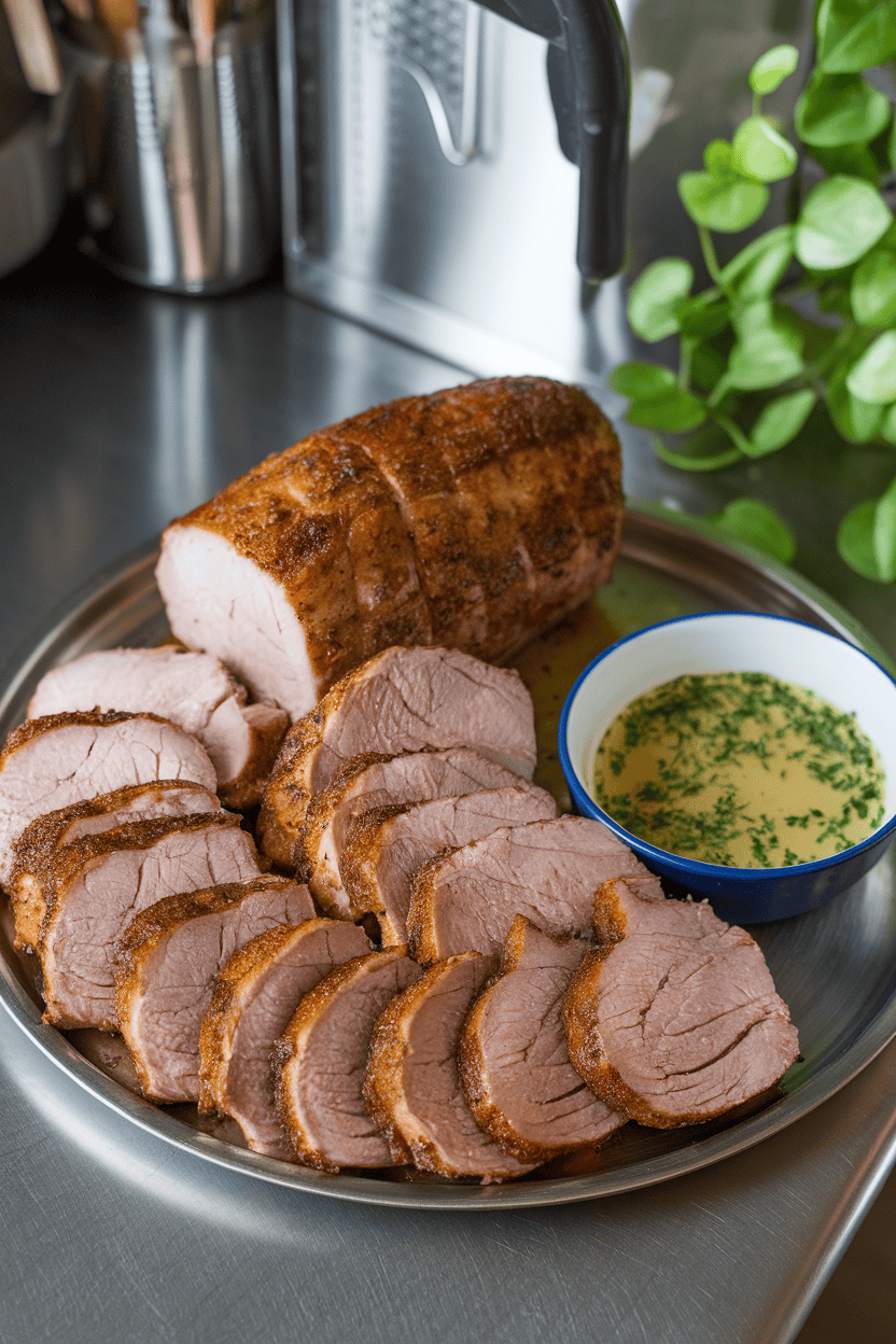An indoor kitchen island with sliced cooked pork tenderloin fanned on a platter next to a small dish of herb jus—no text or brand marks