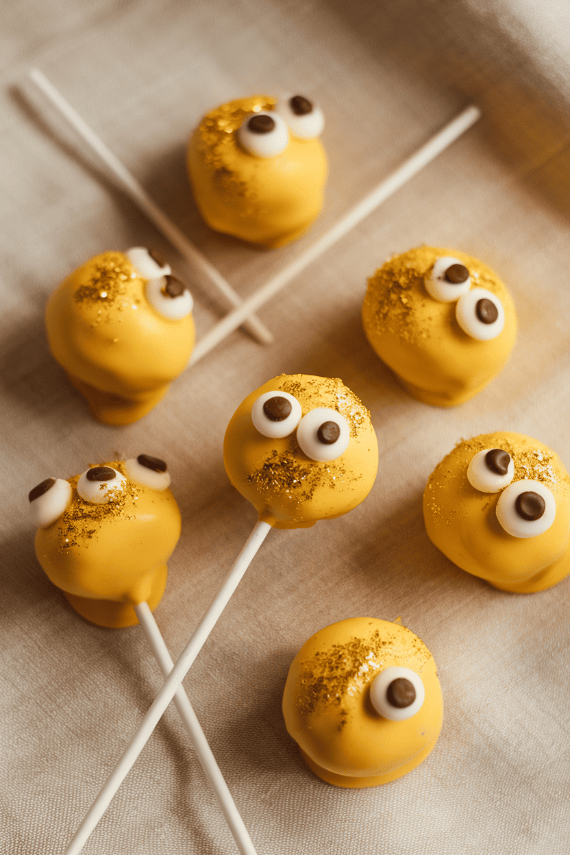Warm yellow turmeric-tinted cake pops with white chocolate eyes, subtle gold shimmer, staged indoors on linen; no logos or text. Photo.